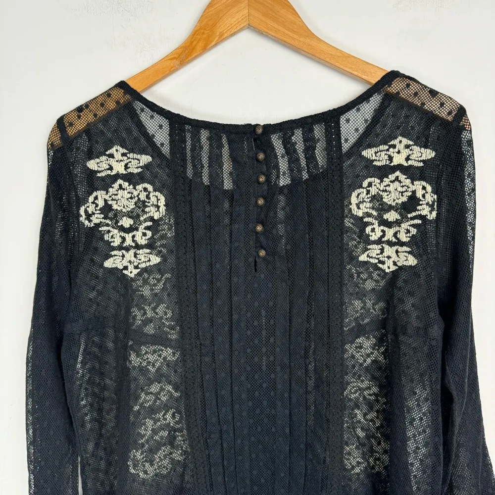 Free People Black Lace Mesh Tunic Top Sz Small Dot Ruffle Floral - Image 13