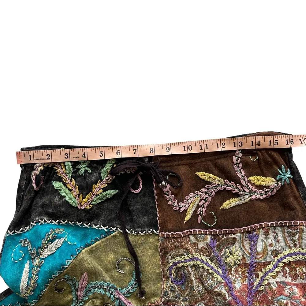 Boho Patchwork Midi Skirt Bohemian Fit & Flare Embroidery Floral Paisley Green Size M - Image 3