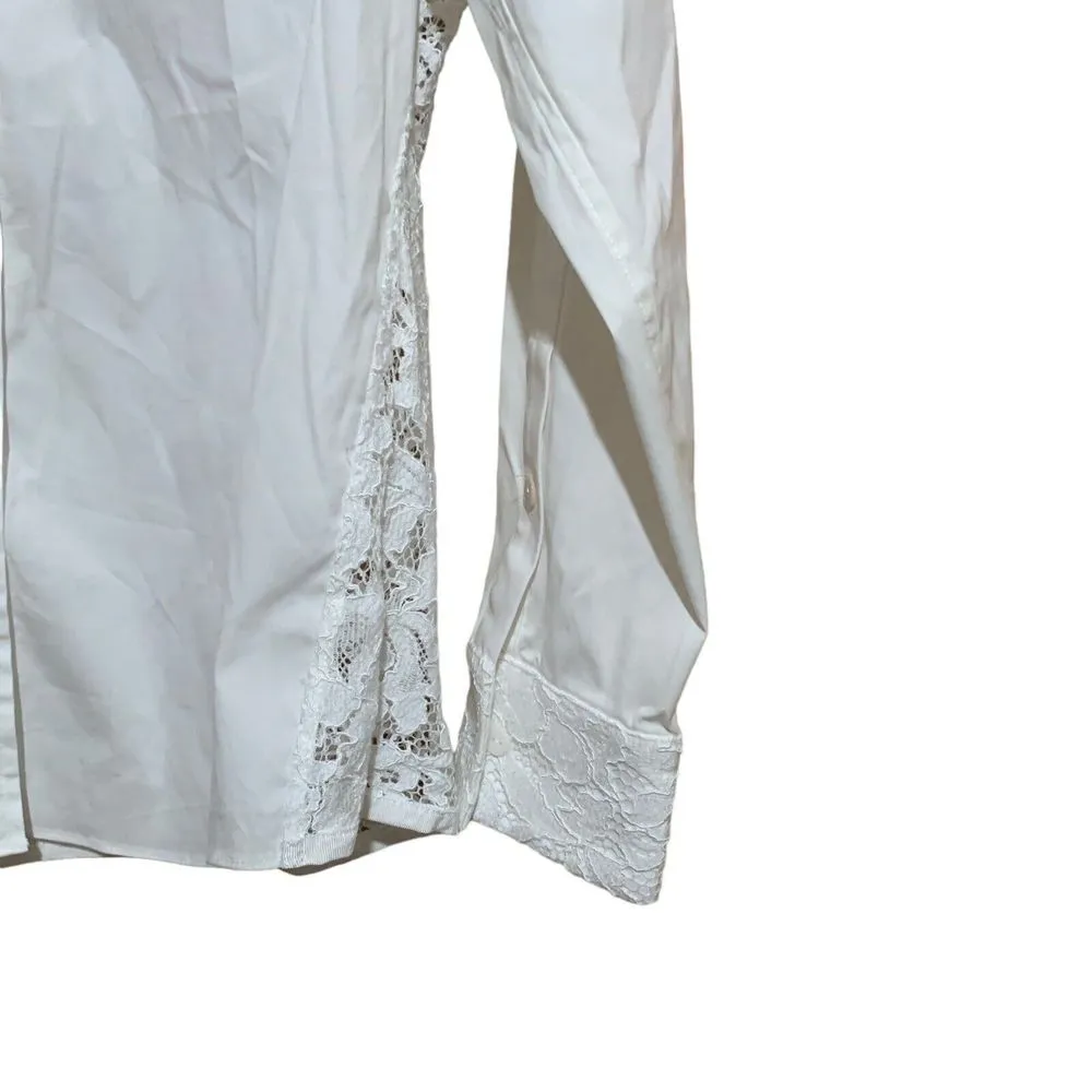 CARLISLE New York Size 12 White Mixed Media Button Up Shirt Lace Back Collar Top - Image 4
