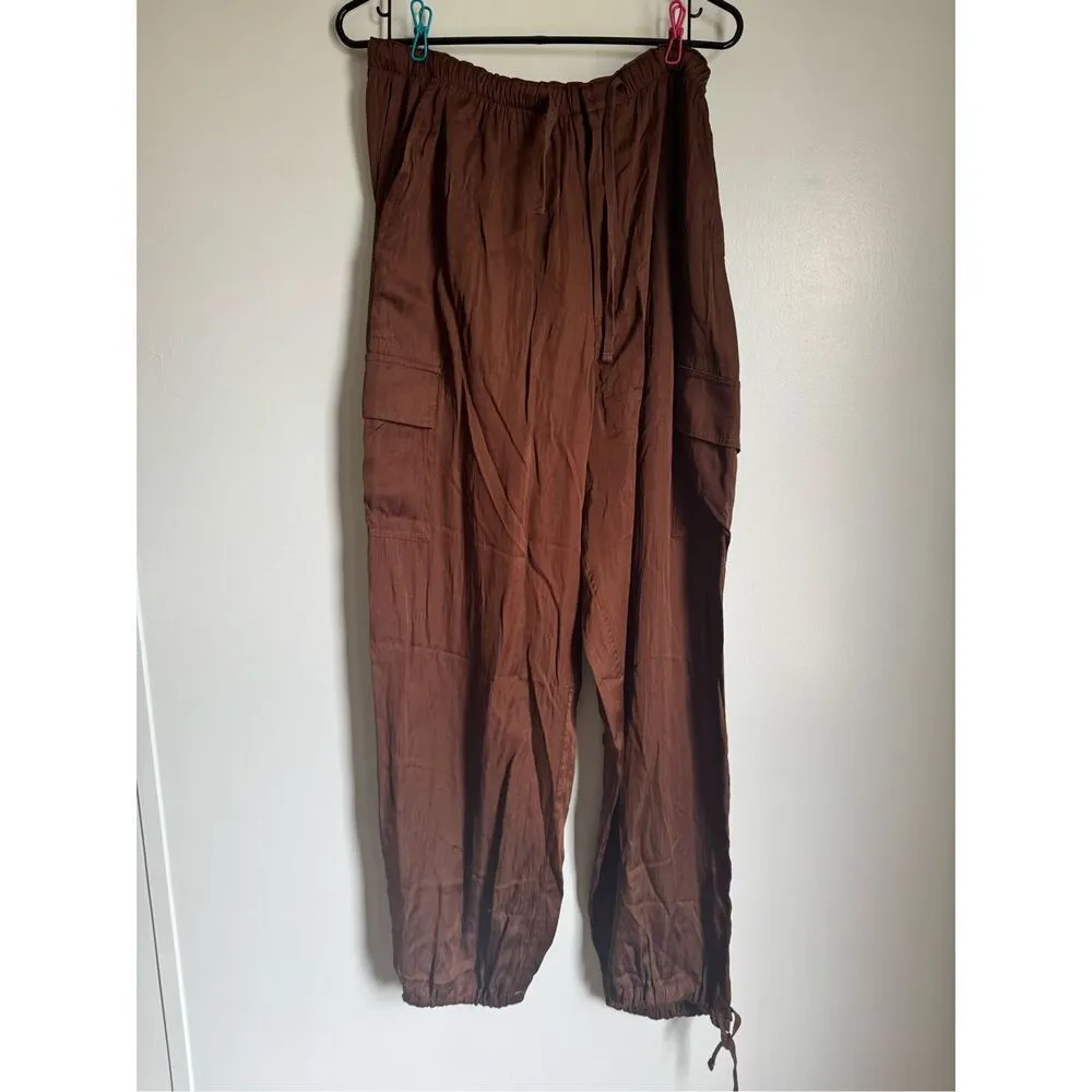 PINK Victoria Secret Women's Brown Parachute Cargo Utility Pants sz L Y2K Comfy - Image 3