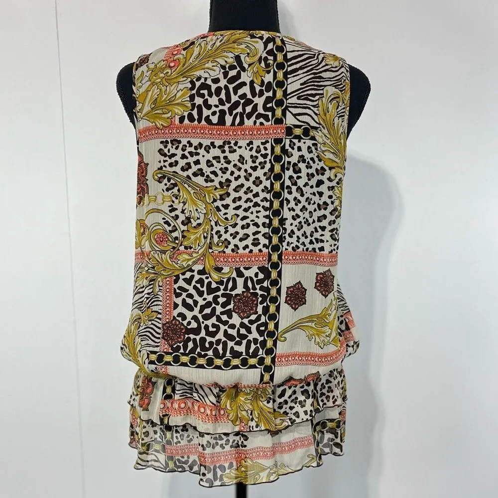 Zac & Rachel Abstract Animal Print Beaded Neck Blouse Sz S Women’s Brown - Image 5