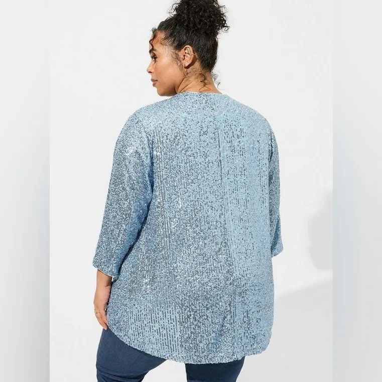 Red Holiday Sweater Dress with Gingerbread Detail Sparkling Blue Sequin Cardigan - Image 4