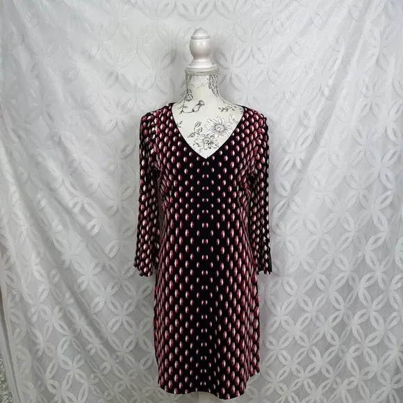 WHBM Black Red Split-Sleeve Shift‎ Geometric Print Dress Size M - Image 2