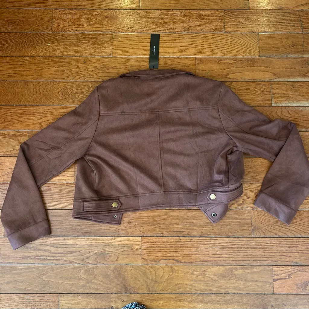 NEW Allegra K Faux Suede Cropped Jacket Button Front Winter Coat Brown Medium - Image 3