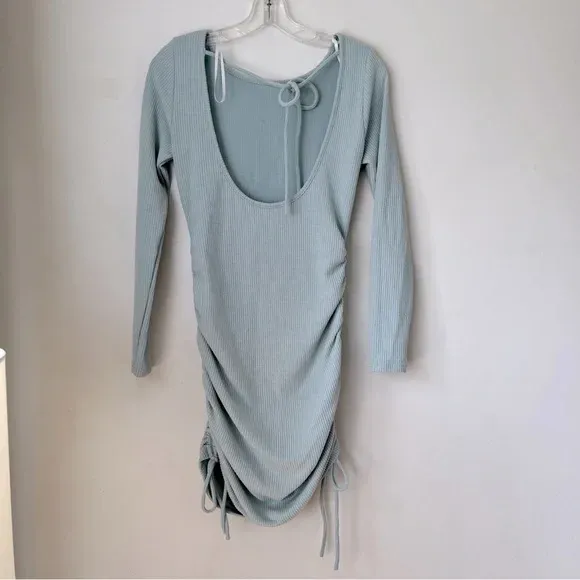 Brinley Light Blue Rib Knit Open Back Long Sleeve Bodycon Dress 2 - Image 8