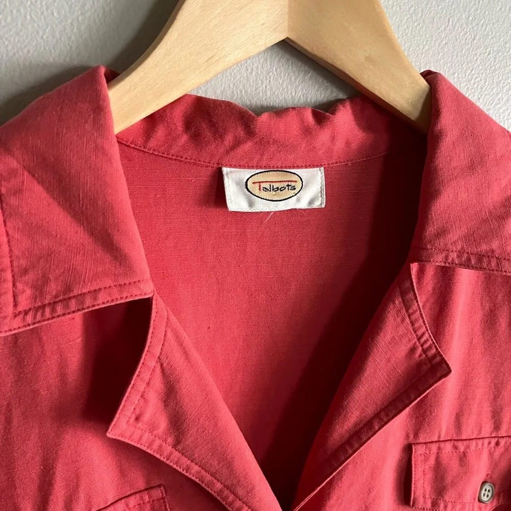 Talbots Linen Blend Shirt-Dress With Pockets Short Sleeve Red Rustic M-L - Image 4