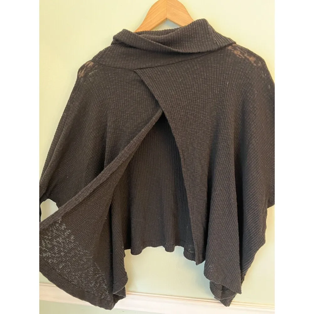 Free People Small FP Beach Boho Black Sweater Cowl Neck Light Poncho Shawl Wrap - Image 6