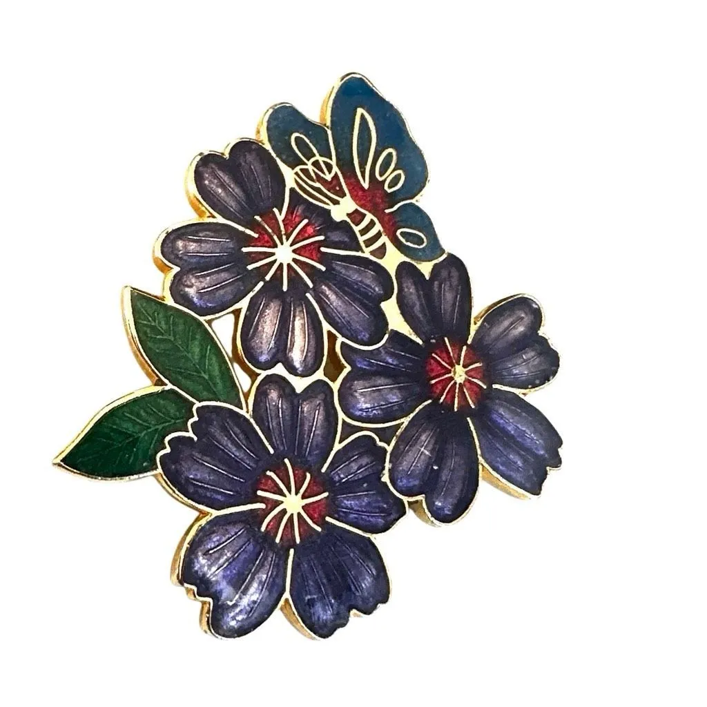 Vintage Cloisonné Butterfly & Purple Floral Brooch - Image 7
