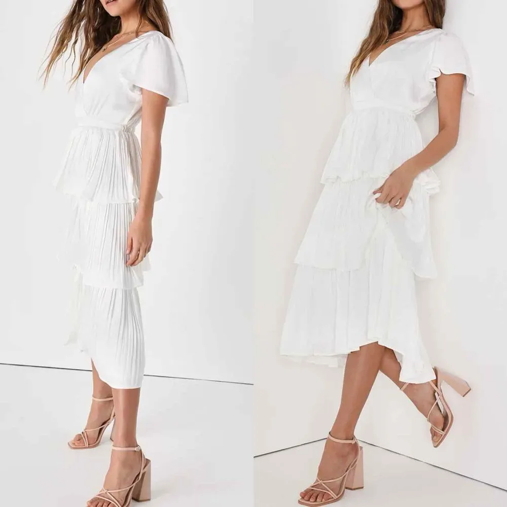 Lulus Twirl-wind Romance White Satin Tiered Midi Dress Size XS - Image 7