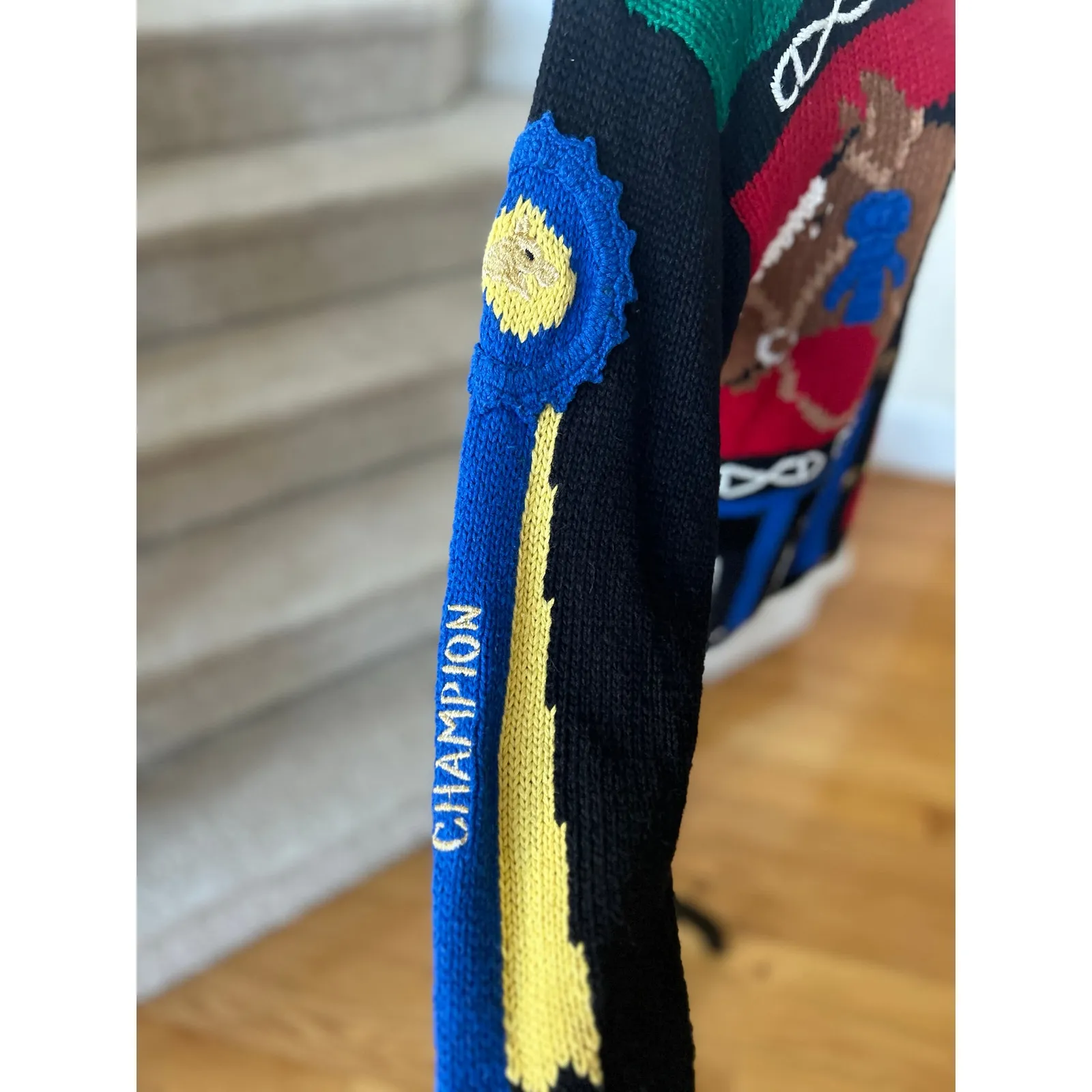 NWT Vintage 90s Knit Equestrian Horseback Riding Race Red Blue Green Cardigan Black Size M - Image 6