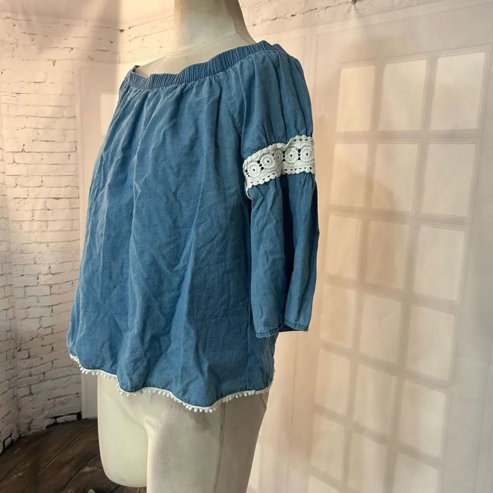 Joes jeans denim chambray off the shoulder blouse with white lace trim - Image 4