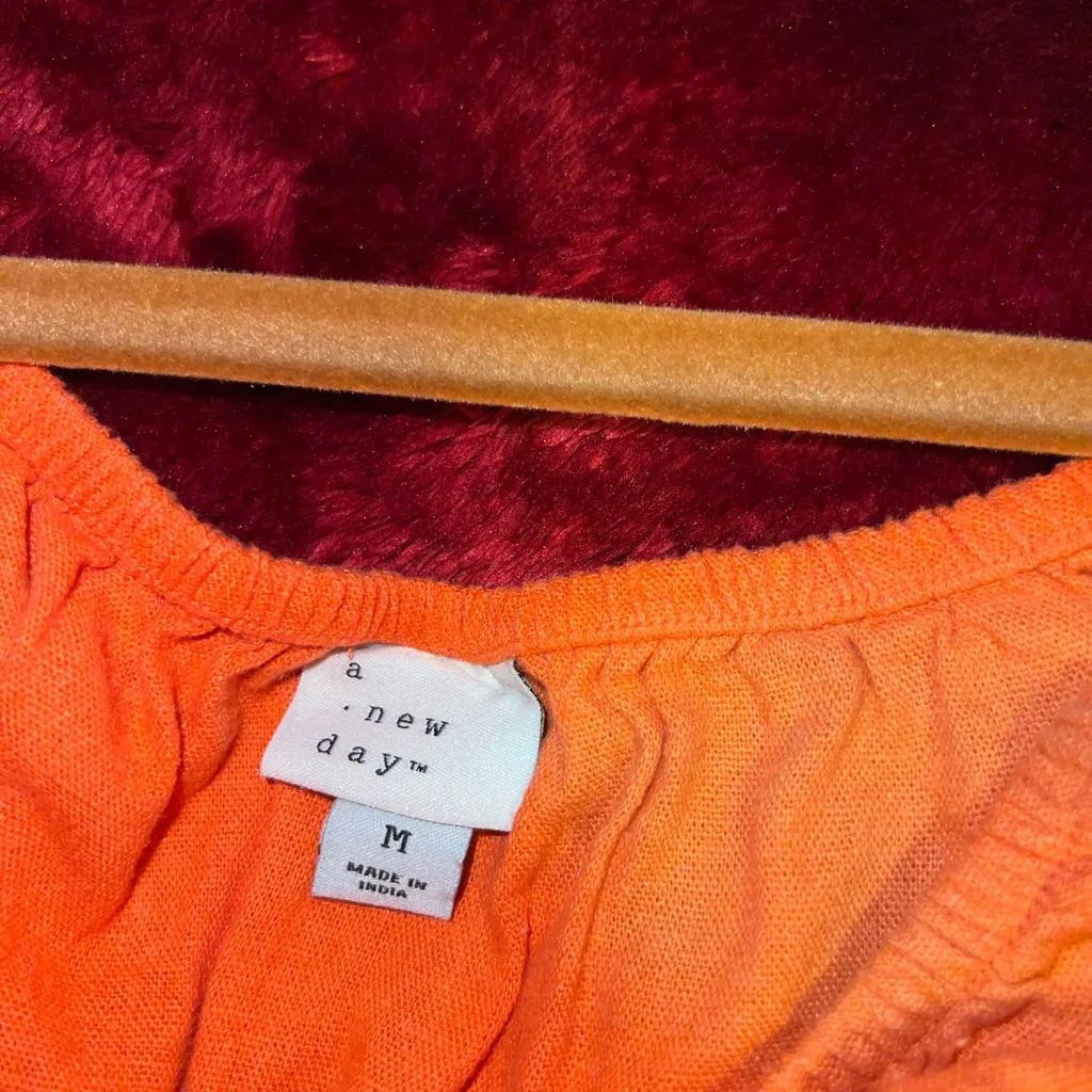 A New Day Orange Coral Cropped Linen Balloon Sleeve Top Babydoll Bodice sz M - Image 6