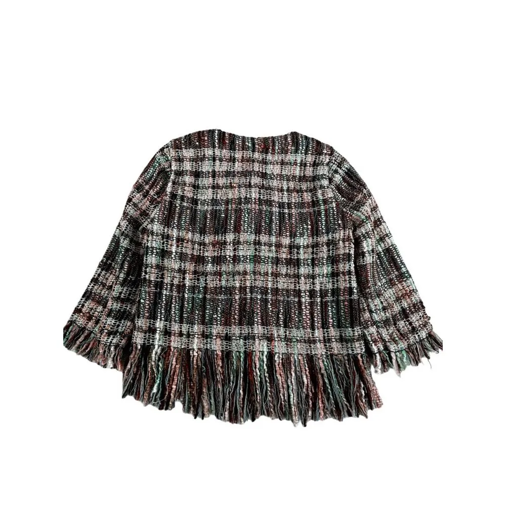 Ett Twa Anthropologie Petites XSP Fringe Hem Plaid Jacket Boho Tweed - Image 8