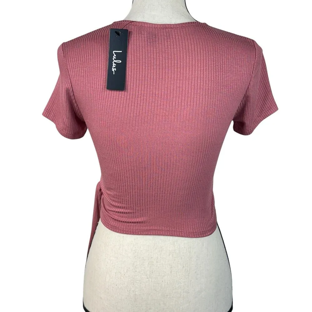 Lulus X-Small Crop Top Tie Surplice V-Neck Ribbed Stretch Short Sleeves Mauve - Image 4