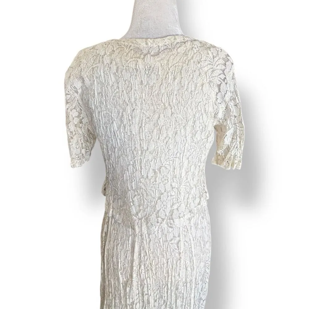 Deadstock 90s Lace Maxi Dress Ivory Sheer Floral Short Sleeve Scoop Neck Small - Image 7