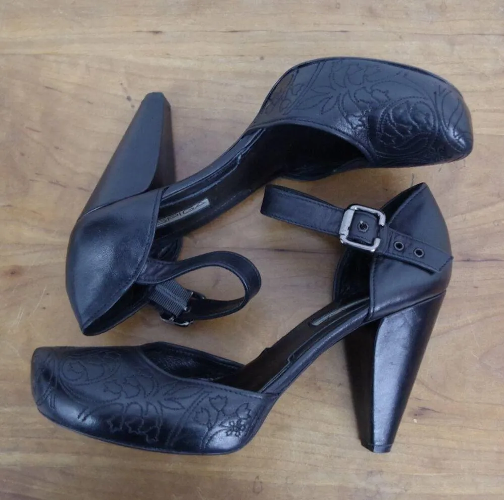 Via Spiga Italian Made Black Leather Pattern Stitched Ankle Strap Heels 7.5M - Image 5