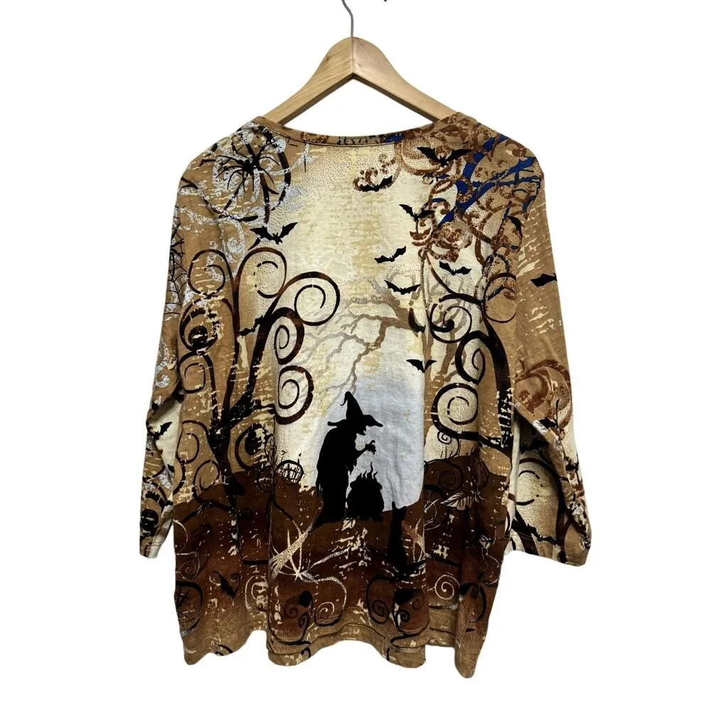 Serengeti Size Large Witch Halloween Bats Quarter Sleeve Cotton Shirt Brown - Image 3