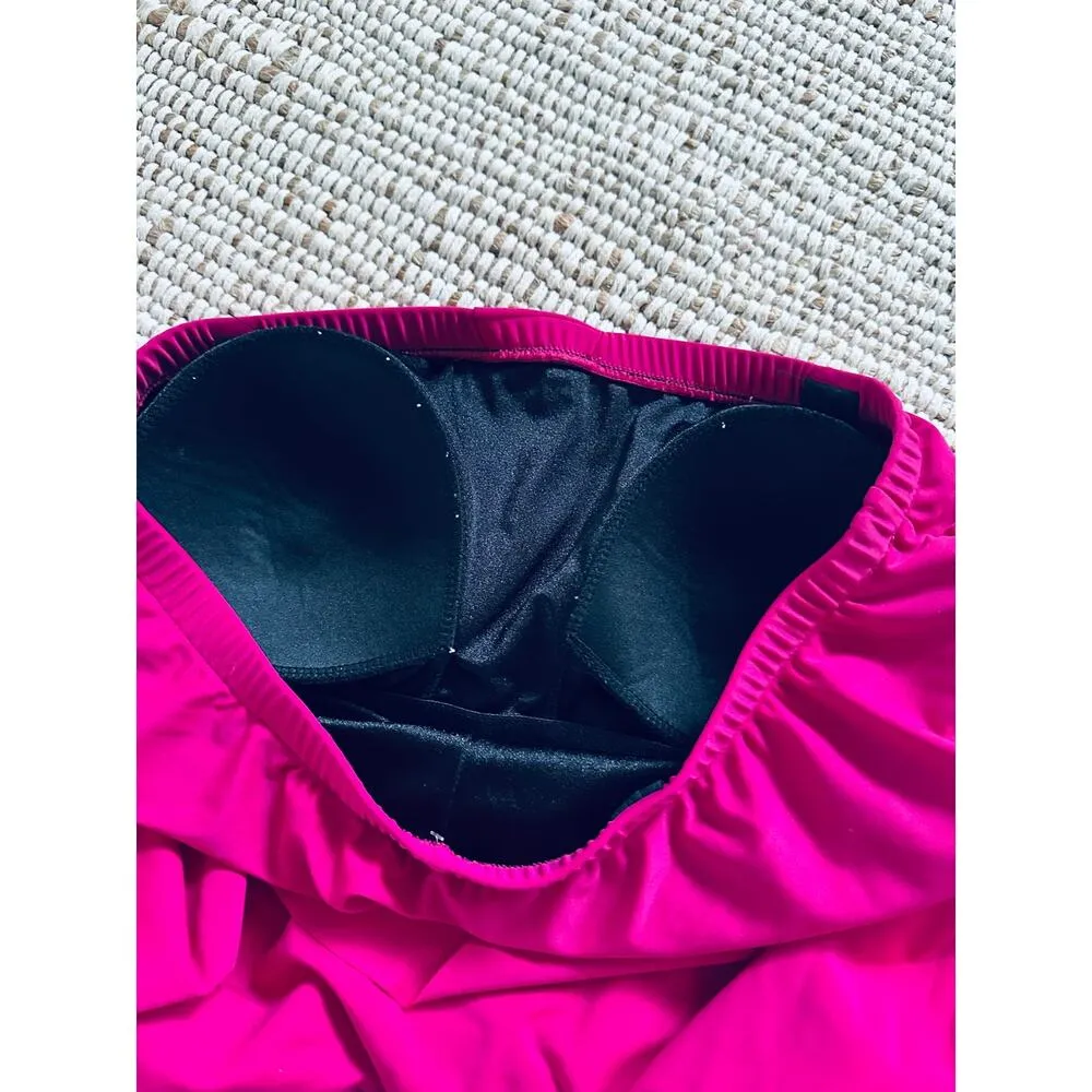 Vintage 80s Strapless One Piece Swimsuit Pink Size 16 Flattering Ruffle skirt - Image 8