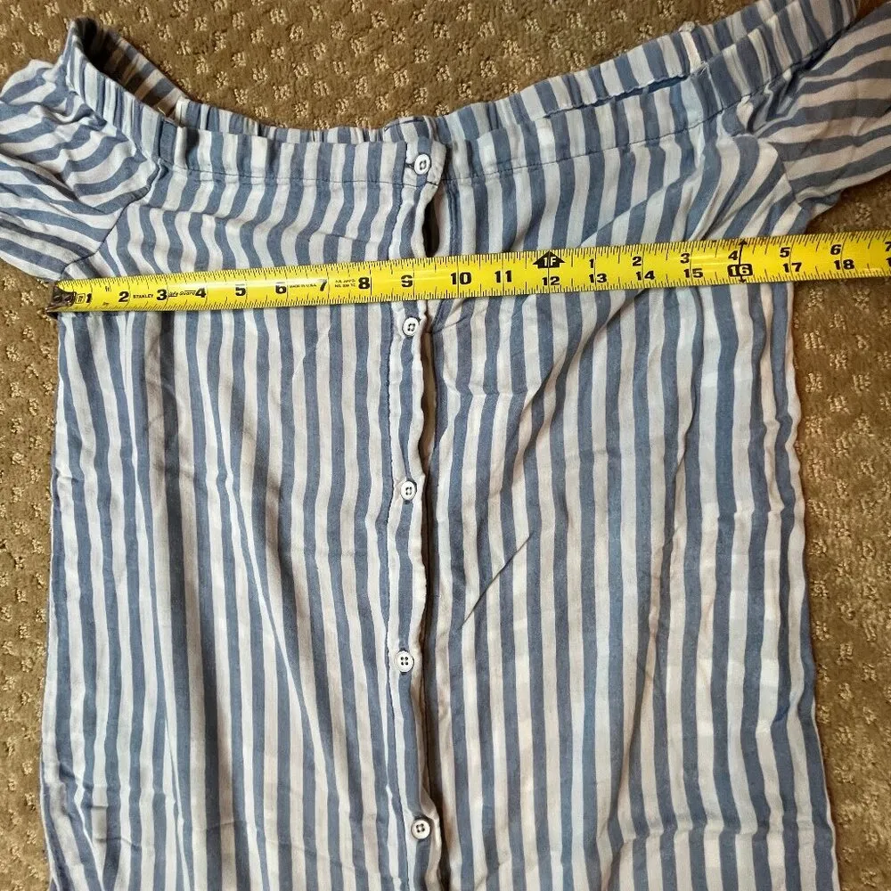 Anthropologie Cloth & Stone Blue White Striped Off Shoulder Shirt Dress SZ M - Image 9