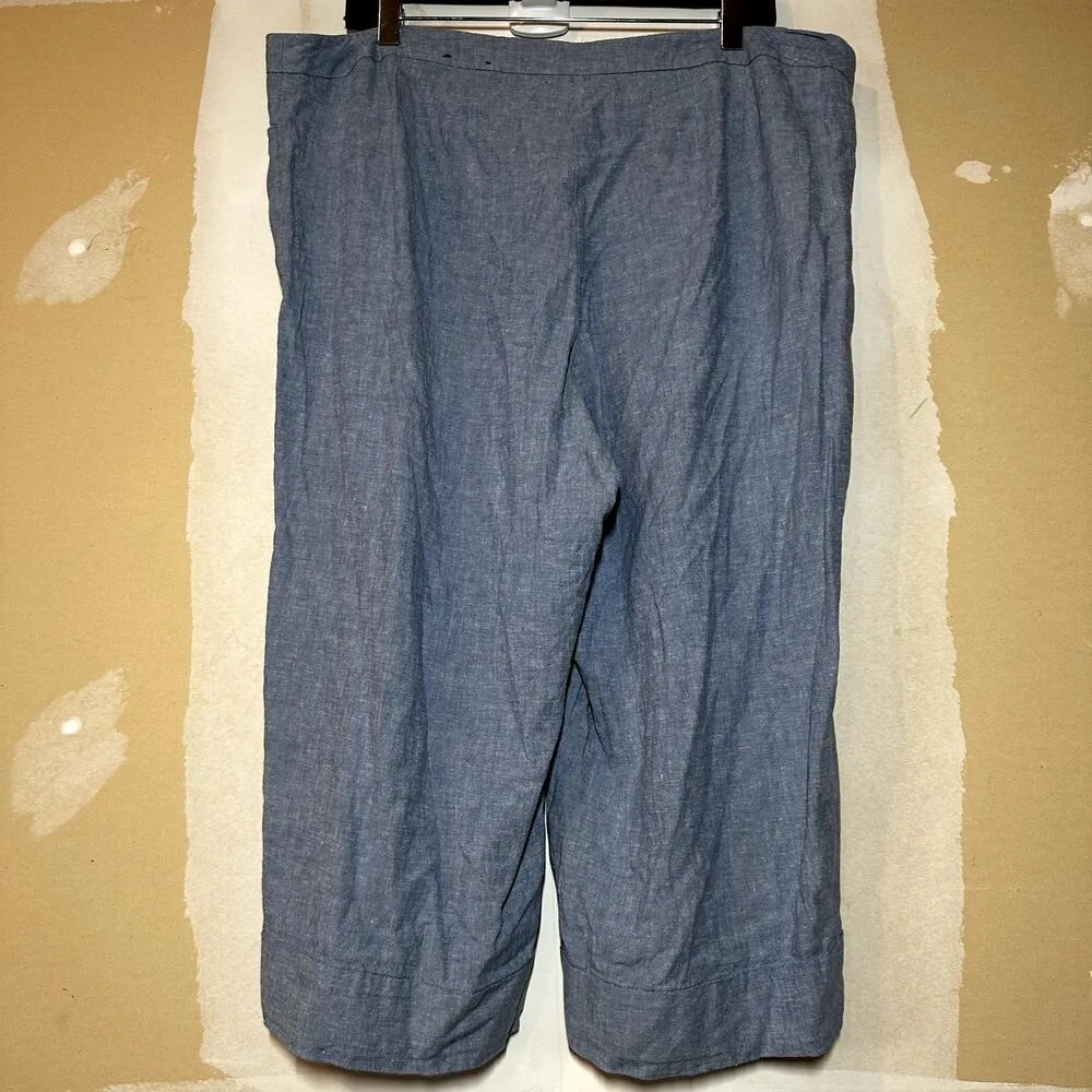Lane Bryant Linen Cropped Pants Flat Front Above The Knee Hook & Eye Blue 18 - Image 4