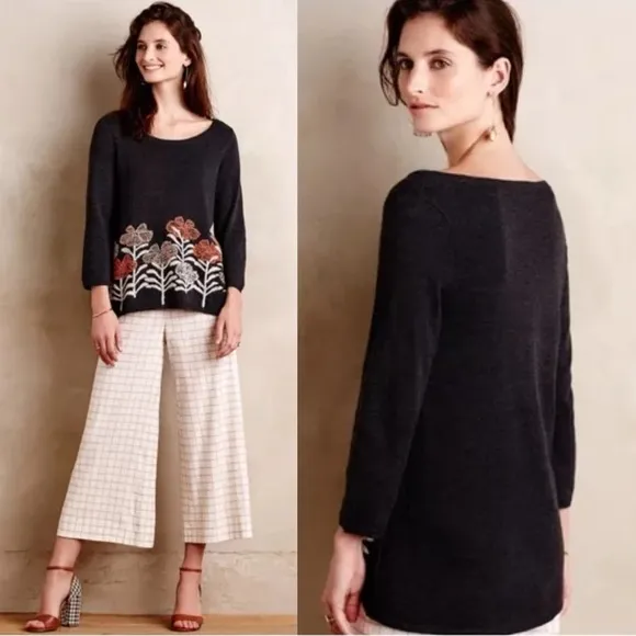 Knitted & Knotted • Anthro Kilda Sweater grey orange floral embroidered pullover - Image 2