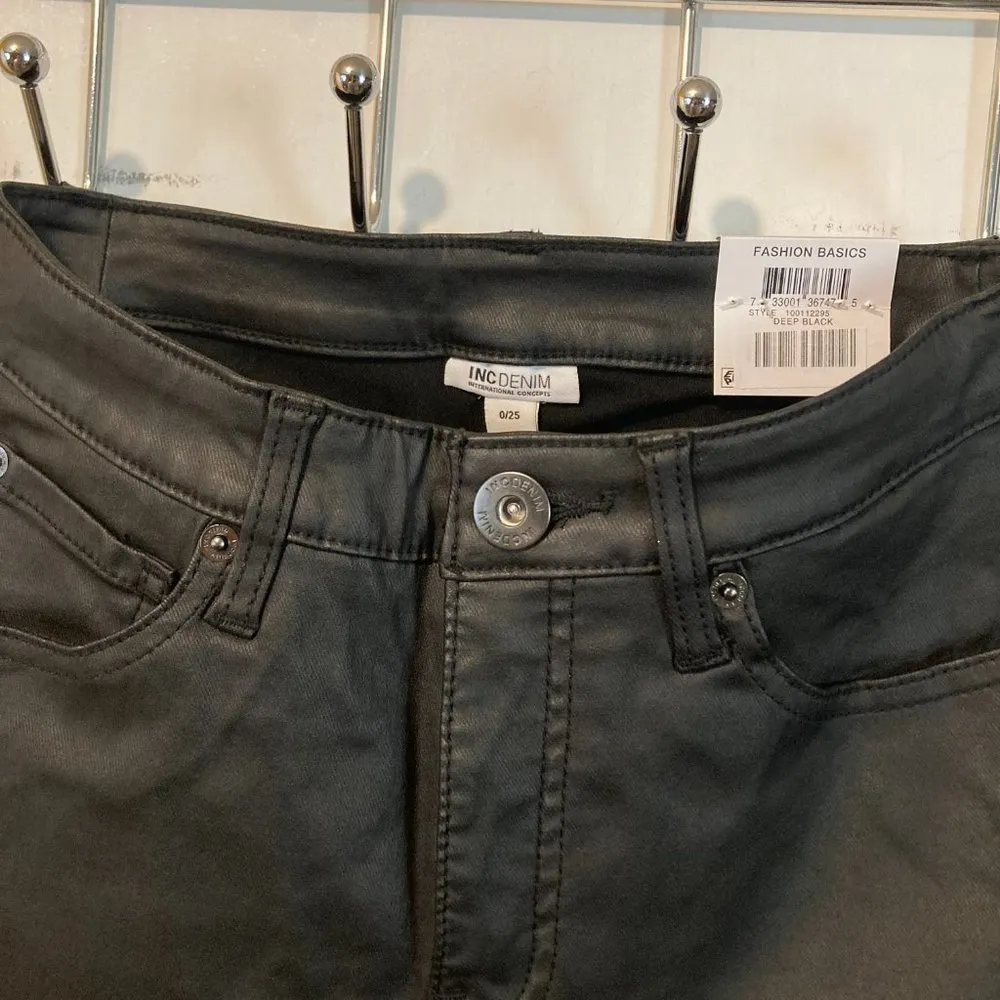 INC women's size 0 curvy fit high rise skinny deep black coated novelty denim - Image 3