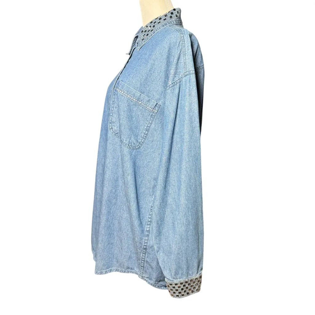 Vintage 80s Grand Ole Opry L/XL Blue Denim Button Down Shirt Rhinestone Studs - Image 6