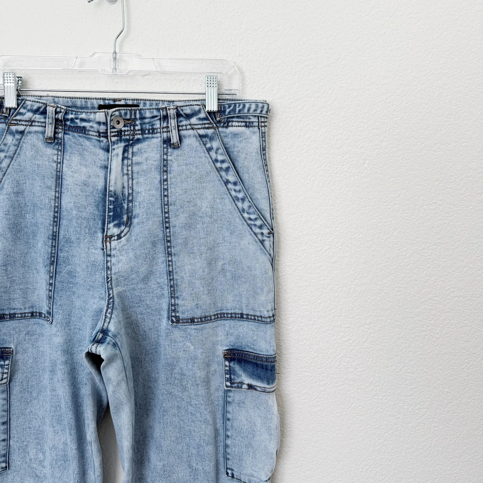 [Sanctuay] Light Wash Acid Denim High Rise Wide Leg Cargo Jeans Stretch Size 32 - Image 7