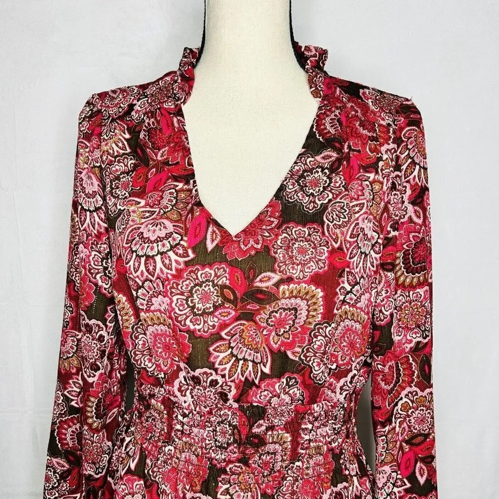 Rose + Olive Floral Print Metallic Boho Mini Shift Dress Smocked Waist Sz S - Image 2