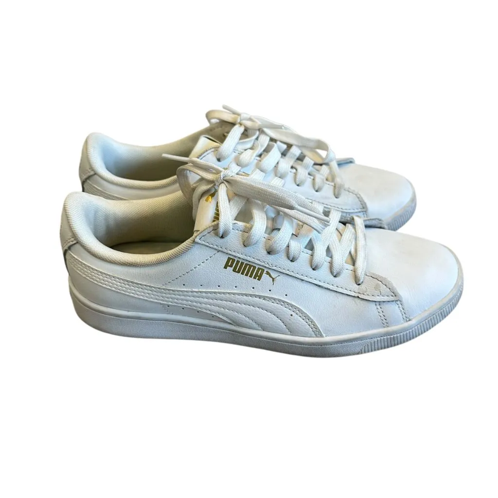 Puma Vikky Leather Sneaker White Gold Logo Lace-Up Tennis Shoes Size 8 Women's - Image 3