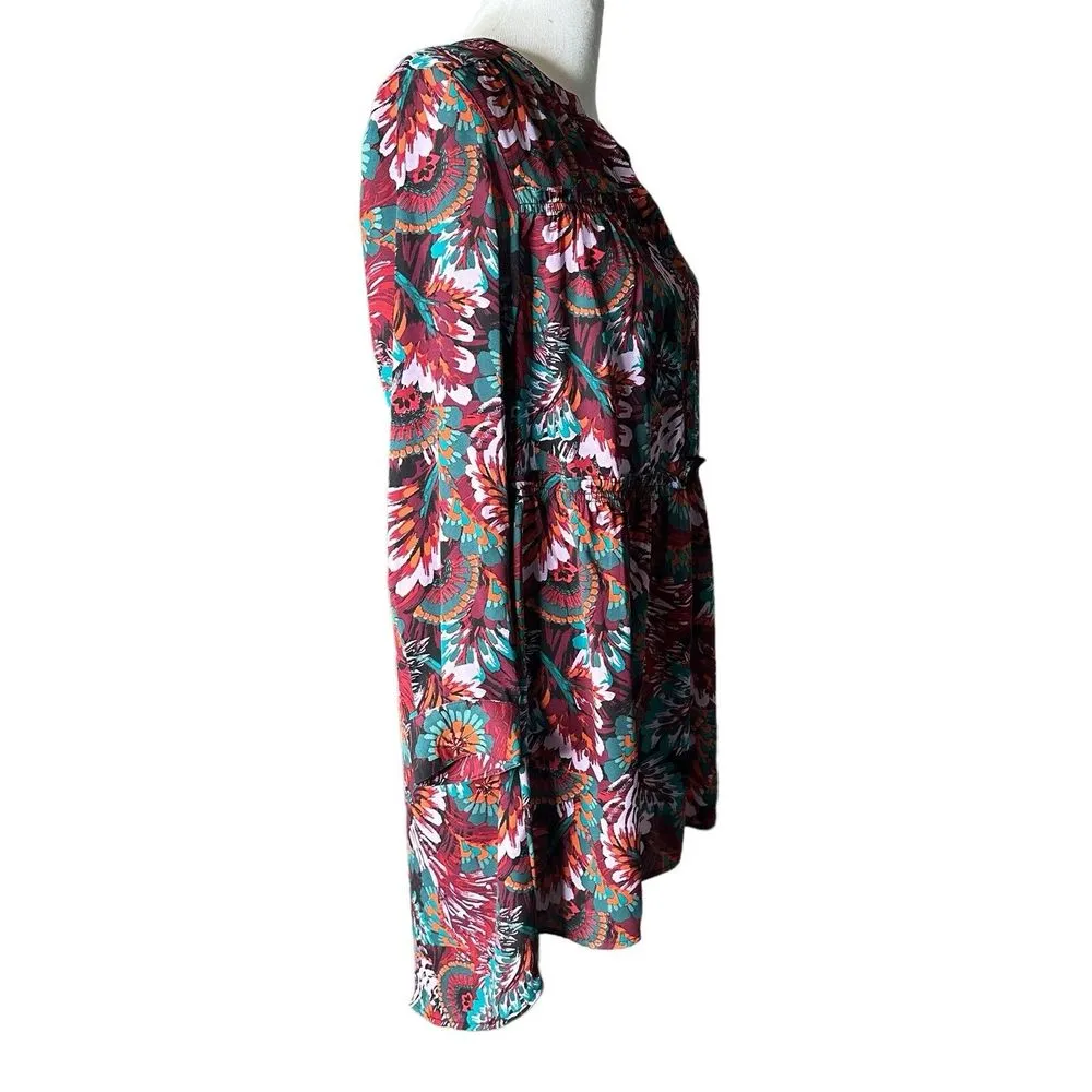 The Pioneer Women BOHO Floral Tunic Top Hi‎ Low Hem Flowy Size M V Neck Blue Size M - Image 7