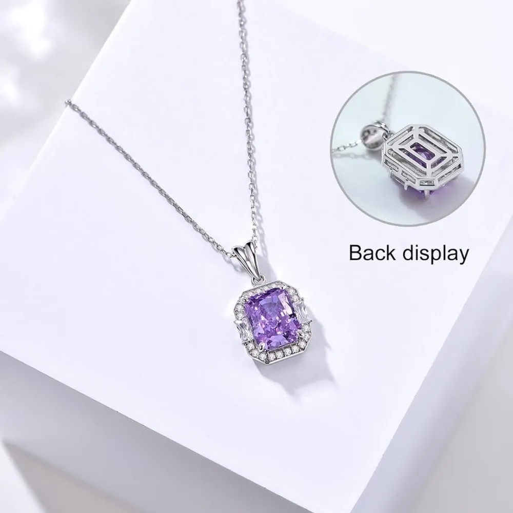 925 Sterling Silver 4 Carats Square Diamond Radiant Cut Birthstone Necklace NWT Purple - Image 3