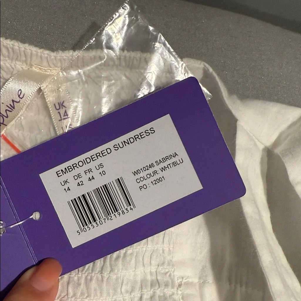 Seraphine maternity summer cotton White Dress with Blue Embroidery . Size 10 - Image 10