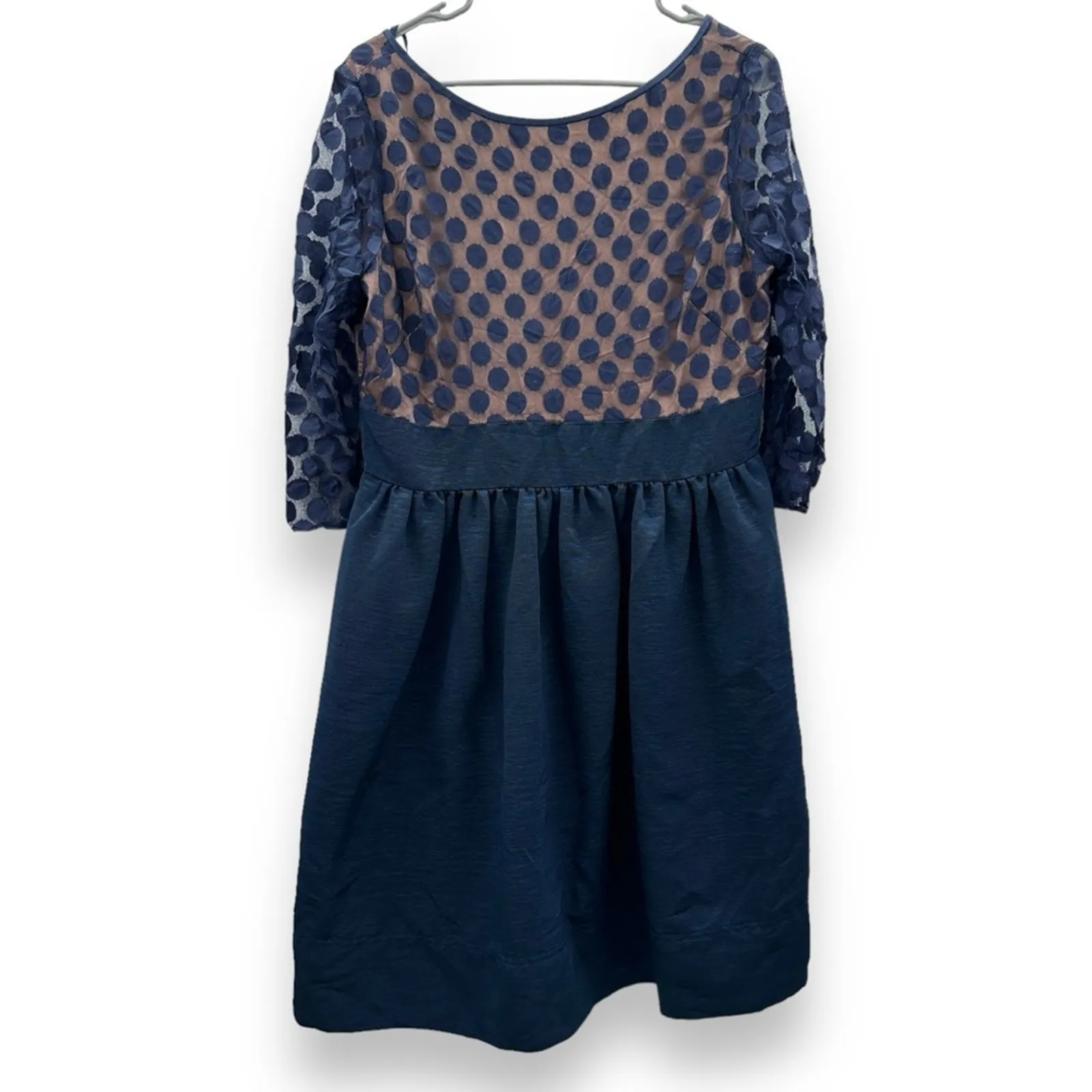 Eliza J Dark Blue Dot Mesh Bodice Fit & Flare Cocktail 3/4 Sleeve Mini Dress 14‎ - Image 3