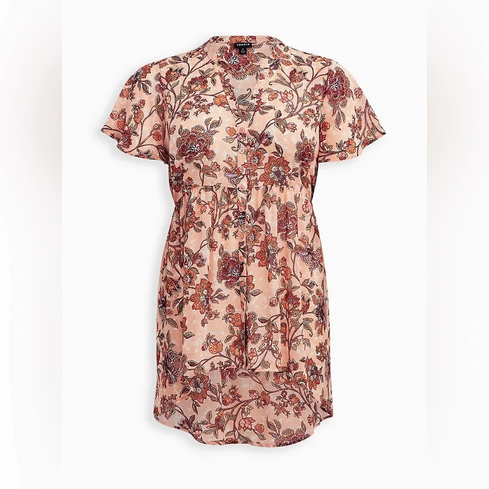 Torrid V Neck Lexie Babydoll High Low Tunic Top Chiffon Floral Pink Size 00 M - Image 2