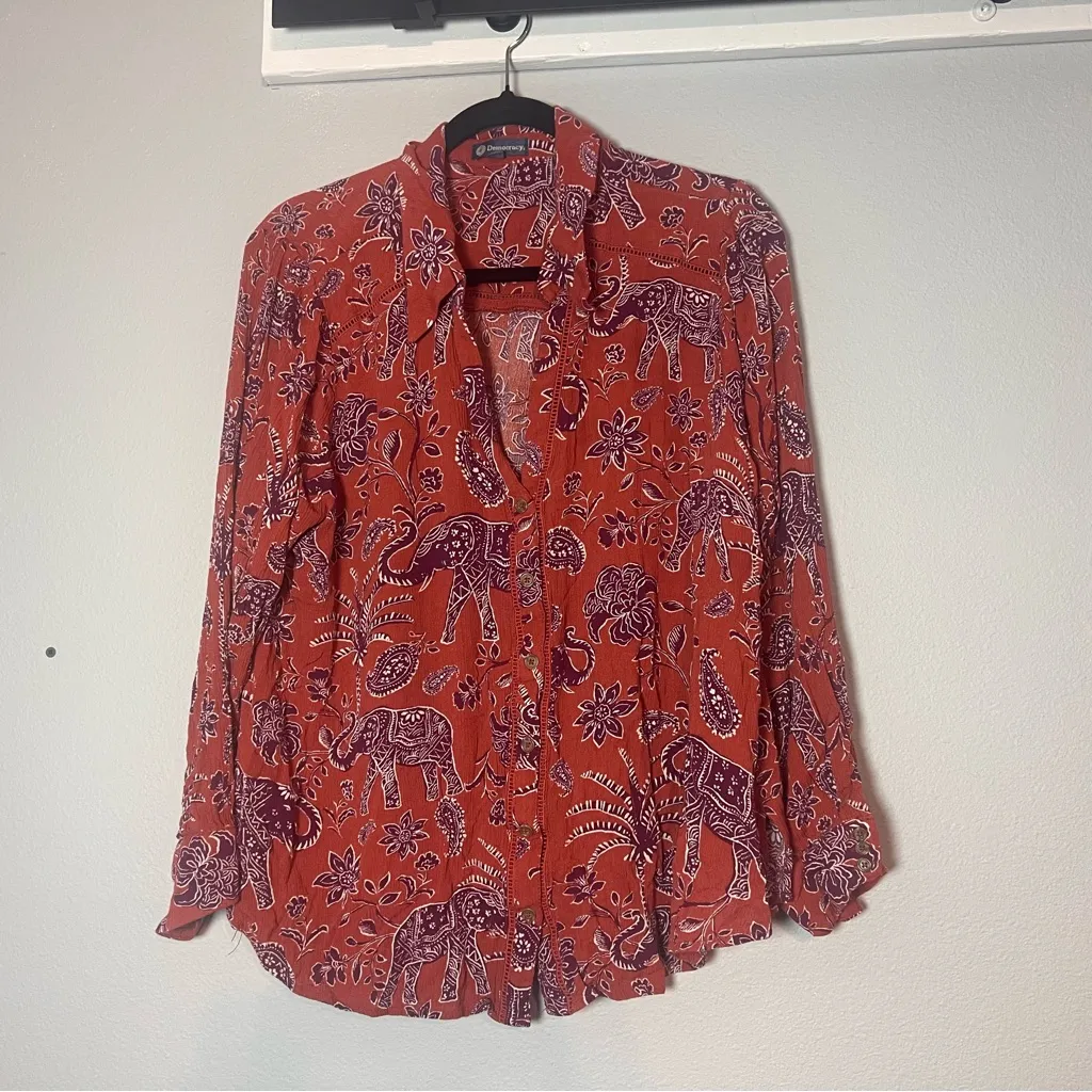 Democracy Button Up Blouse Size 3X Burnt Rust Orange Elephant Boho - Image 8
