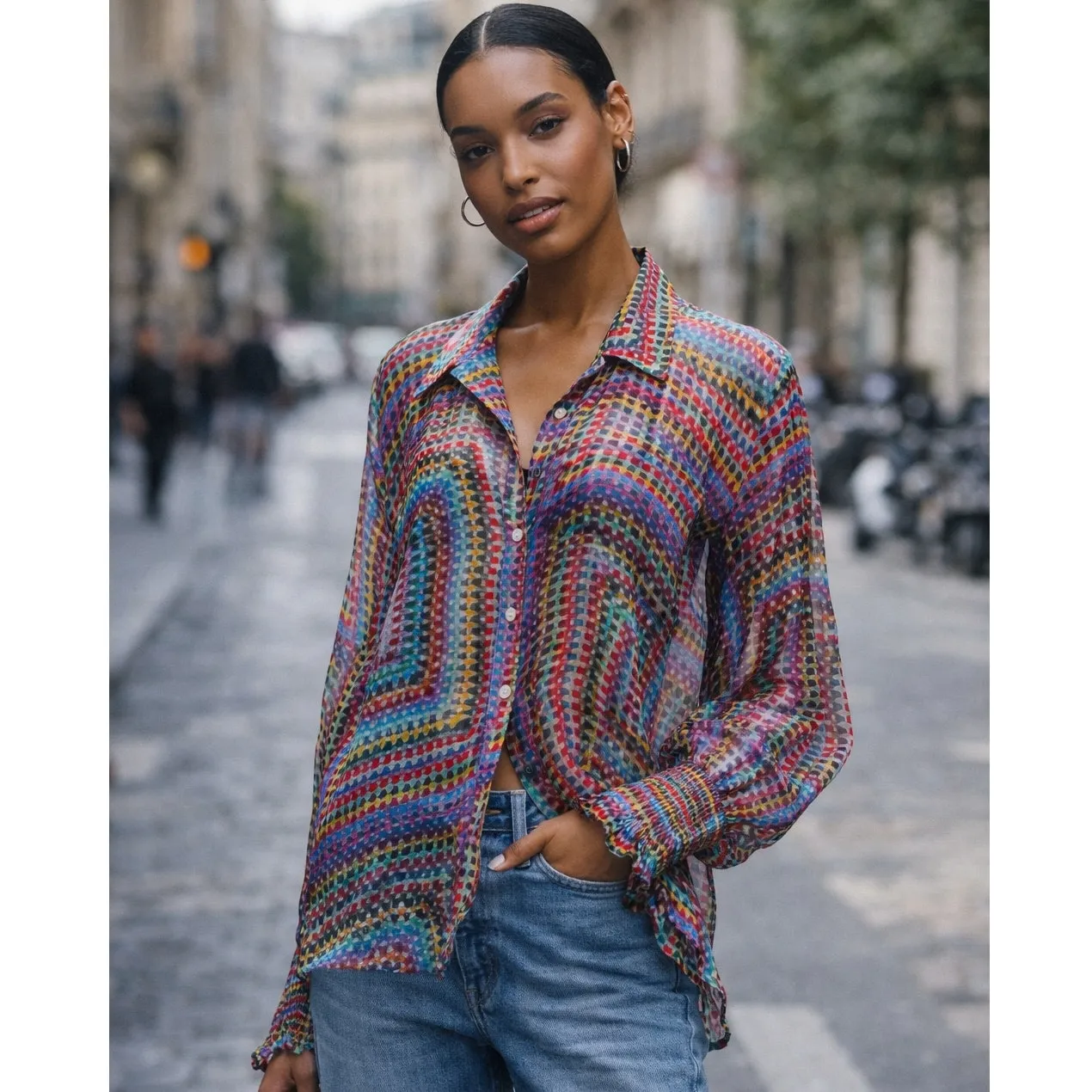 AllSaints Isla Luisa Sheer Multicolor Print Shirt Tencel US 12 - Image 2