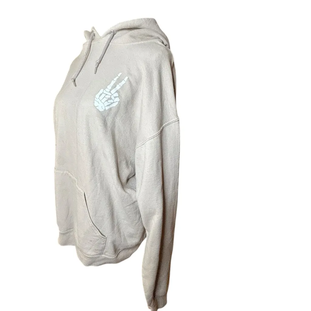 Bowery Supply Co. Beige Hoodie with Skeleton Peace Sign | Grunge Hoodies size M Size M - Image 4