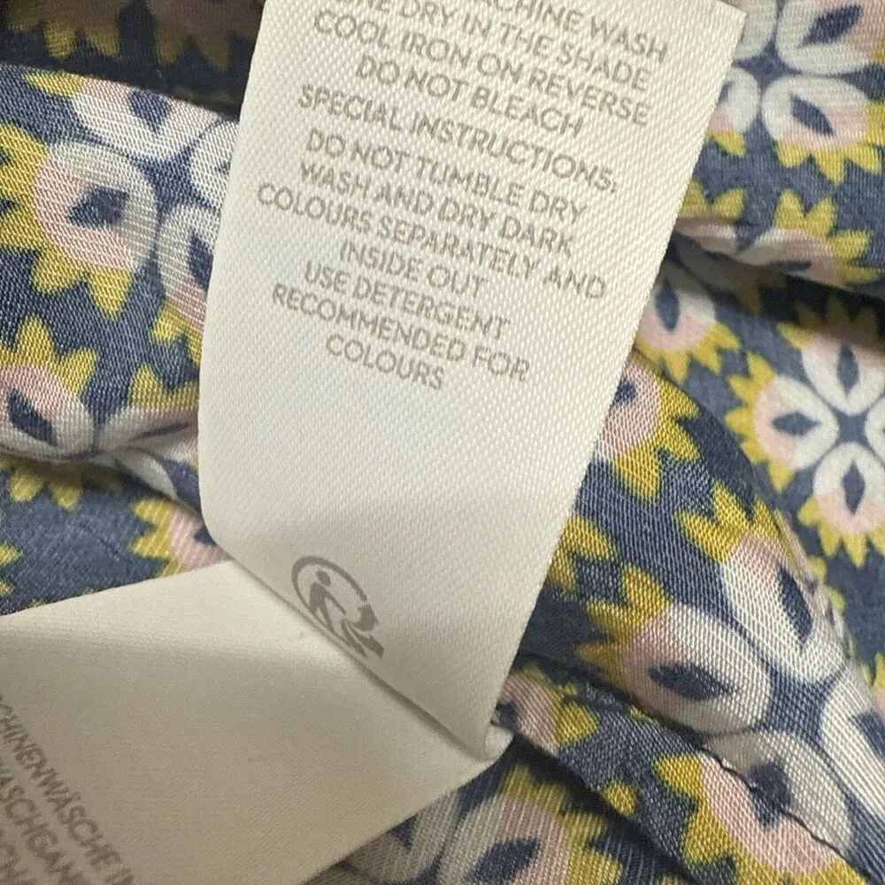 Boden Lily Top Size 6 Blue Gold Broad Bean Tile Print Blouse Satin Long Sleeve - Image 10