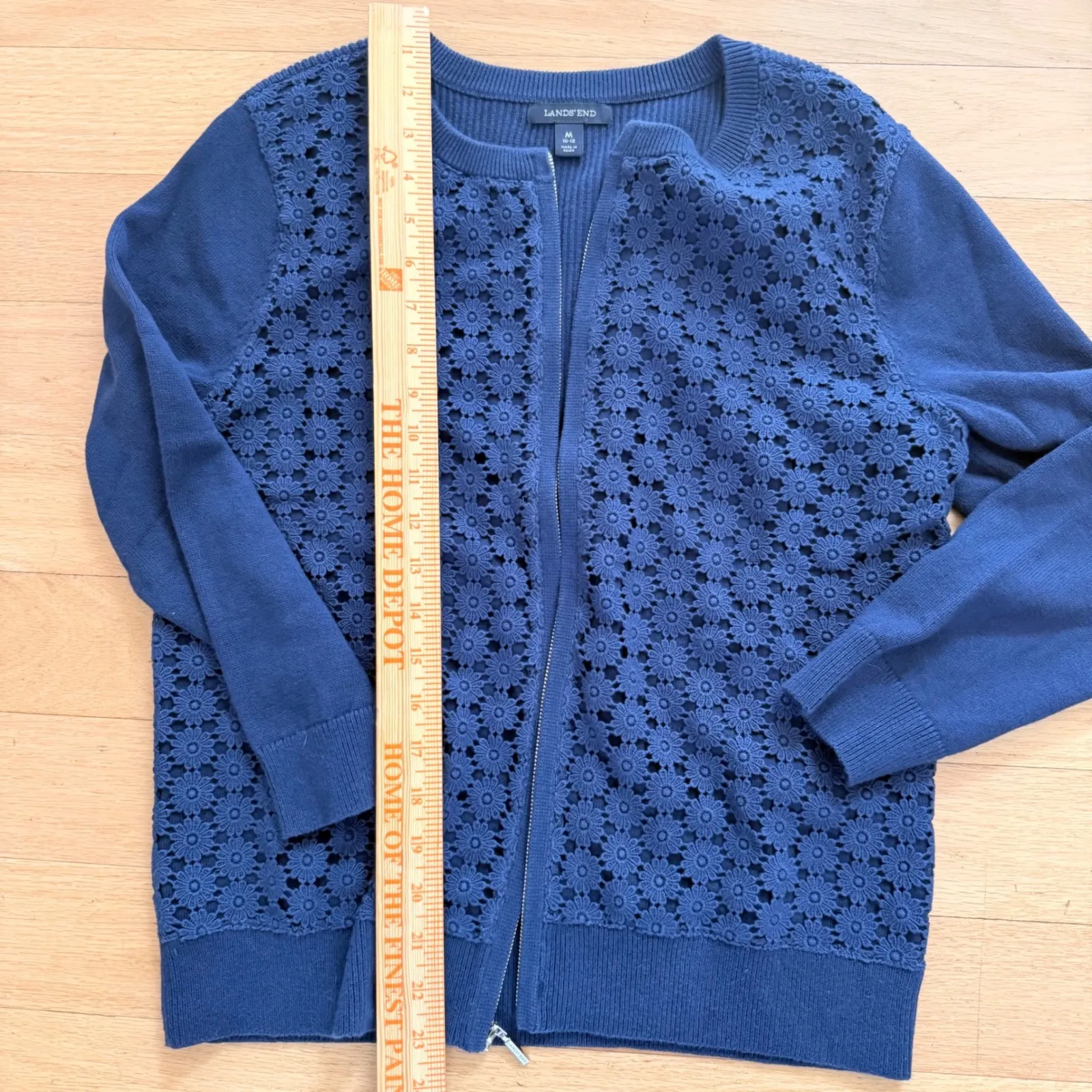 Lands End Navy Blue Floral Lace Zip Up Cardigan Sweater Women's Medium - Image 4
