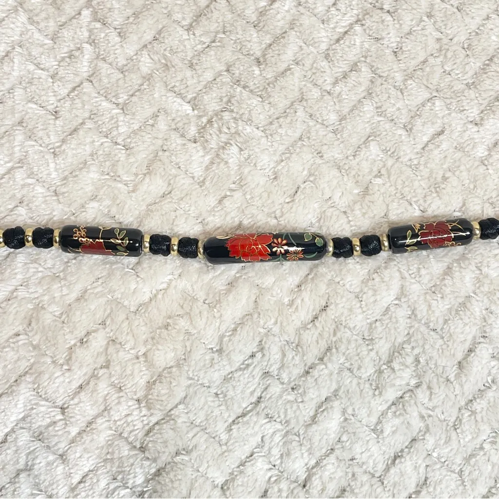 Vintage Black Floral Ceramic Bead Cord Necklace Witchy Goth Romantic - Image 9