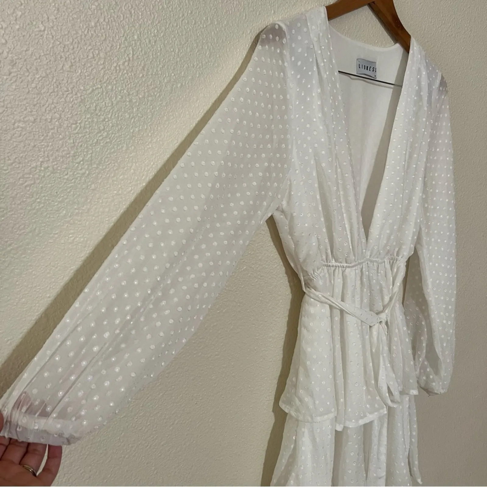 Lioness Legendary Lovers White Swiss Dot Long Sleeve Deep V Tie Waist Dress M - Image 5