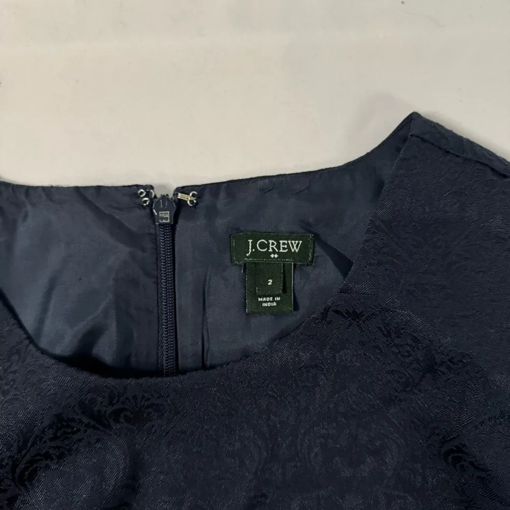 J Crew Navy Sheath Dress Size 2 Cap Sleeve Knee Length Brocade Print Formal Y2K - Image 3