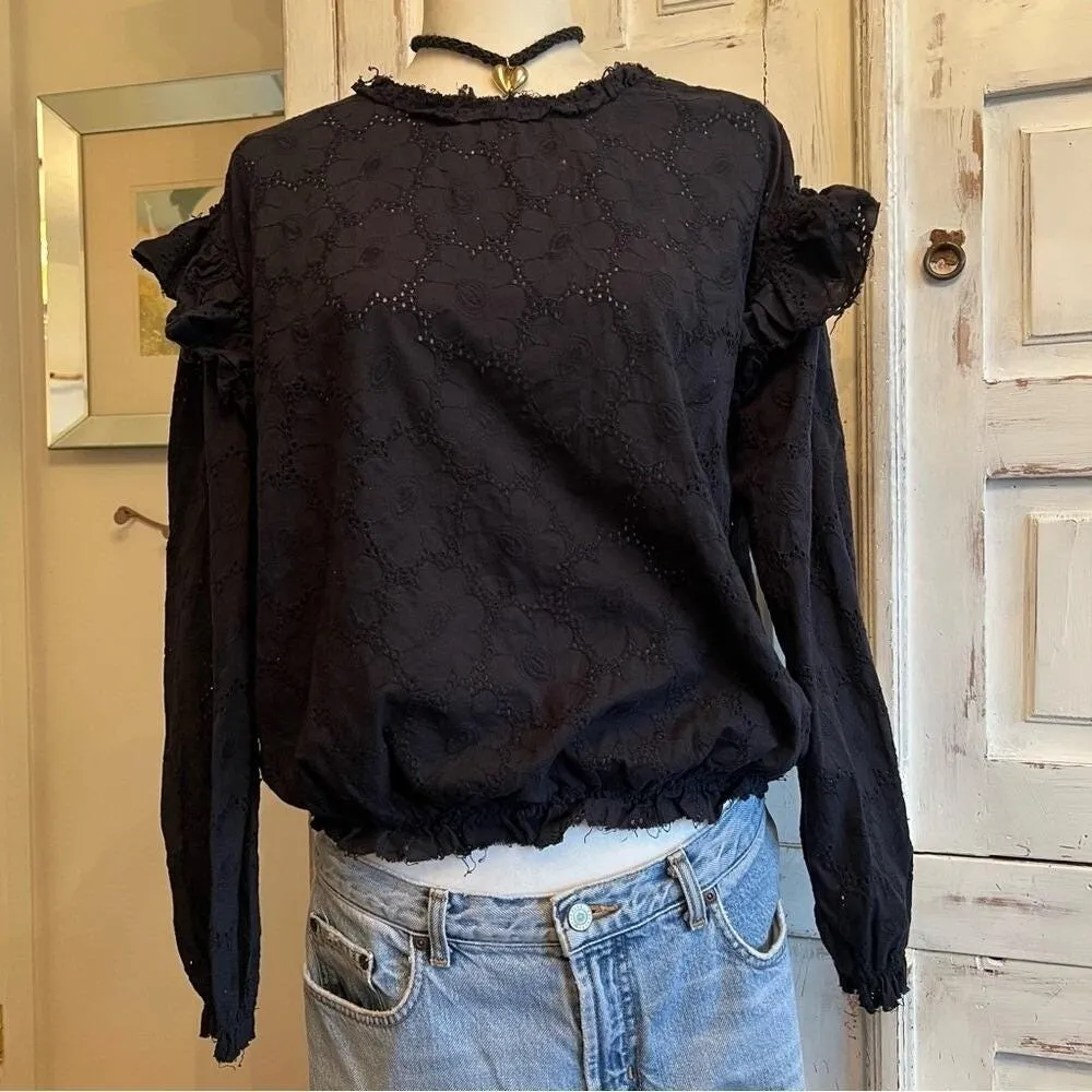 Vintage Forever 21 Black Eyelet Ruffle Blouse Romantic Goth Boho Top Size Large - Image 3