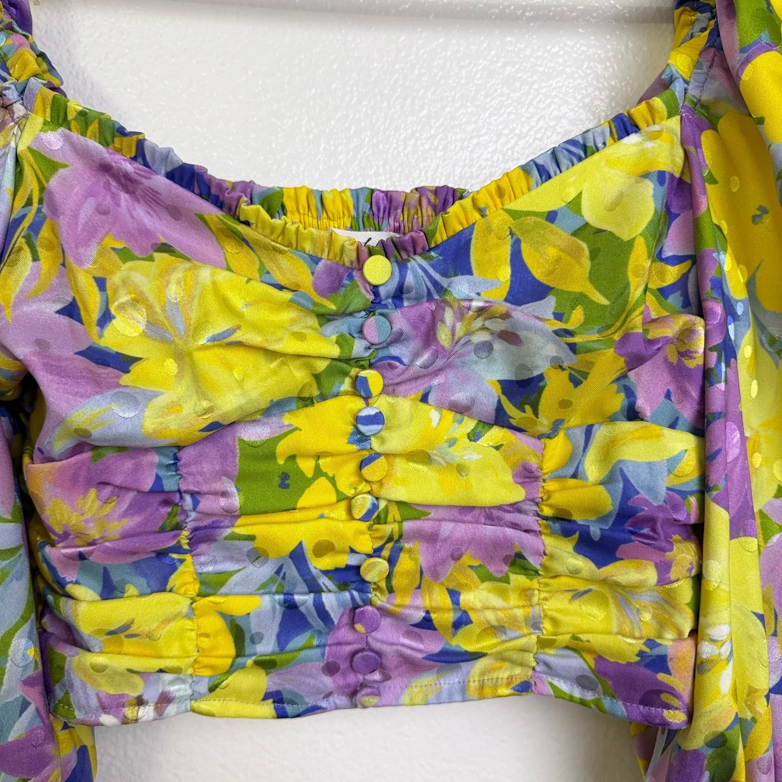 For Love & Lemons Cassia Crop Top Size Small Yellow Floral Puffed Sleeve - Image 3