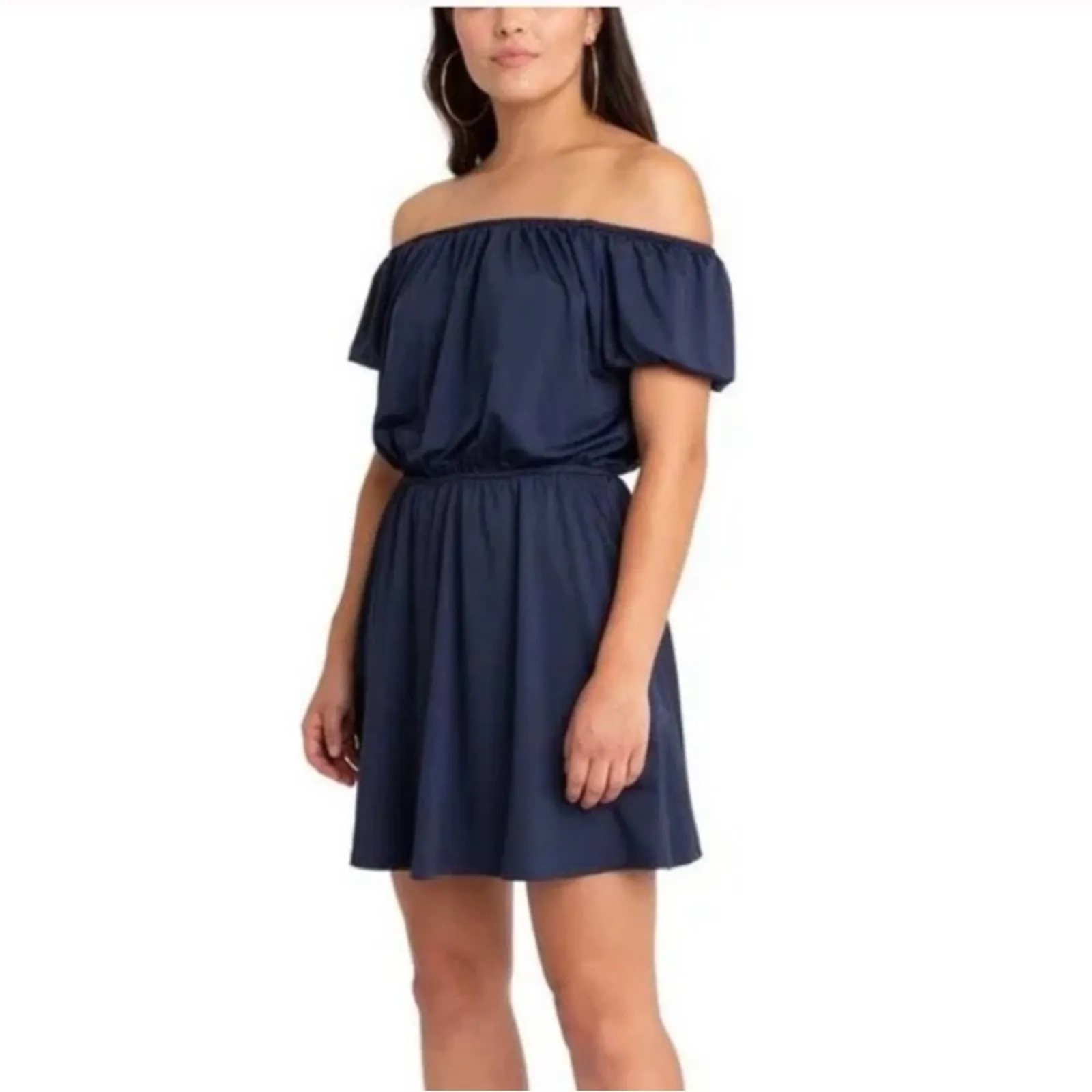 Black Halo off the shocker Short Puff Sleeves Navy Blue 6 Mini Dress NEW - Image 10