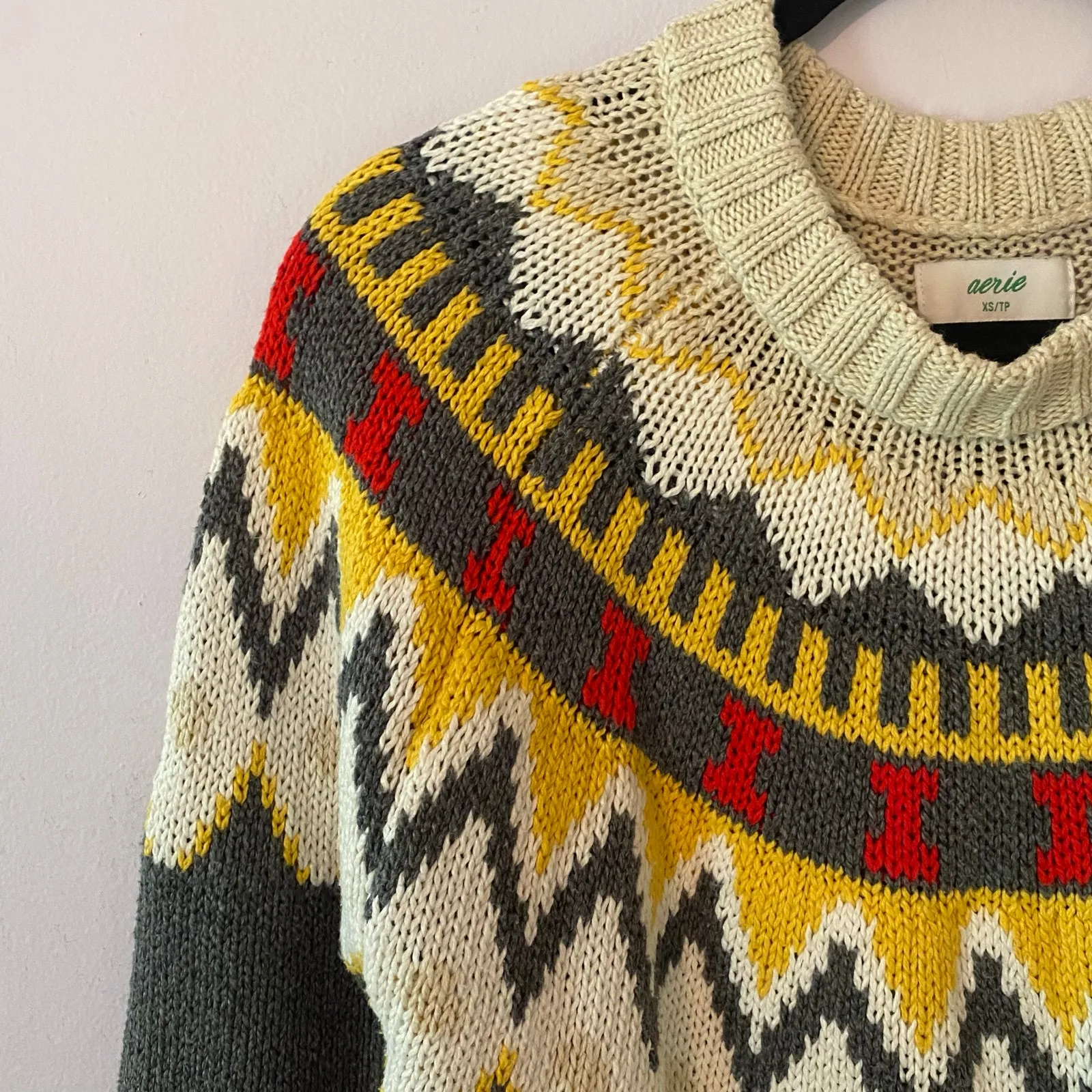 NWOT Aerie Colorful Crewneck Sweater Fair Isle Holiday Cotton Women's size XS - Image 3