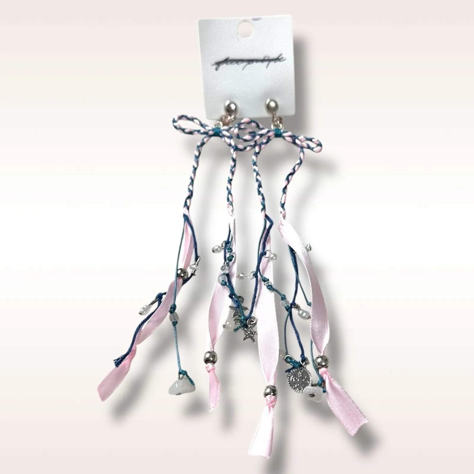 Free People Candy Baby Bow Dangle Earrings Pink Blue Braid Coquette Mermaid NWT - Image 4