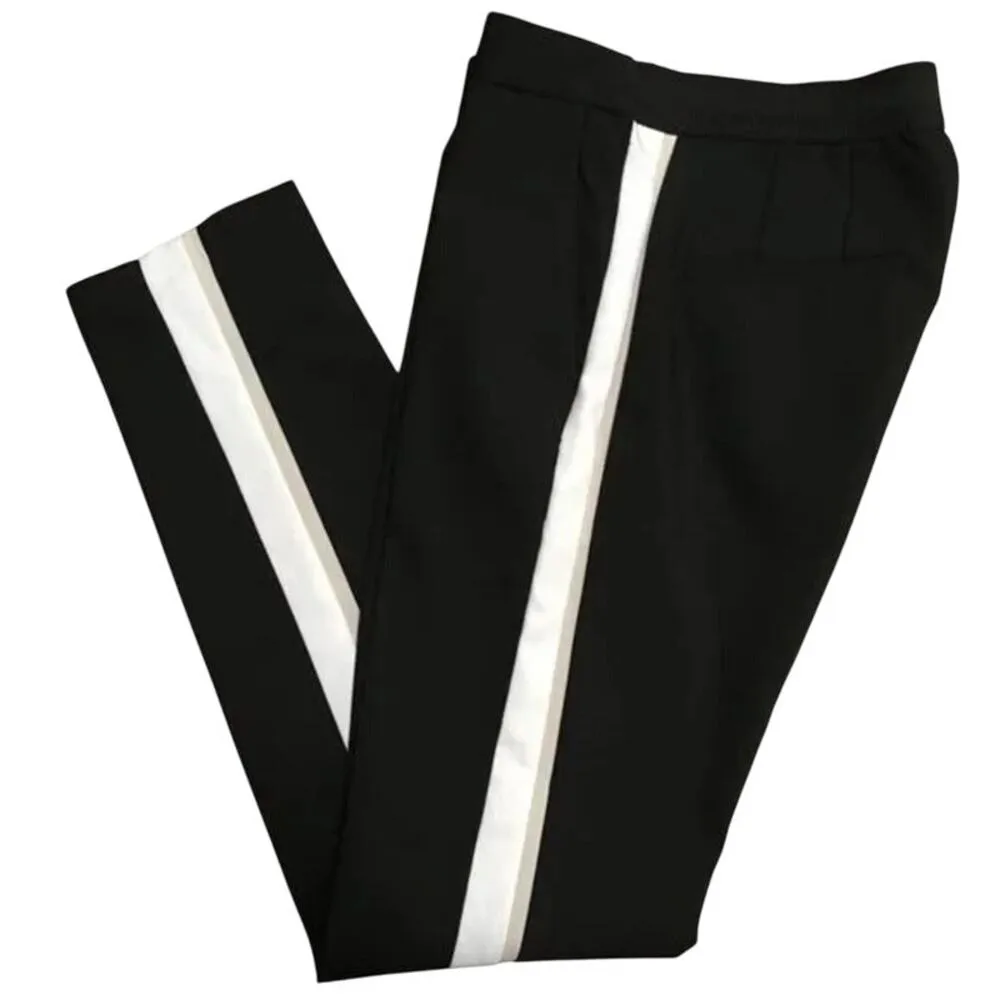 ZARA Basic Black White Beige Side Stripe Straight Leg Ankle Trouser Pant L #3382 - Image 2