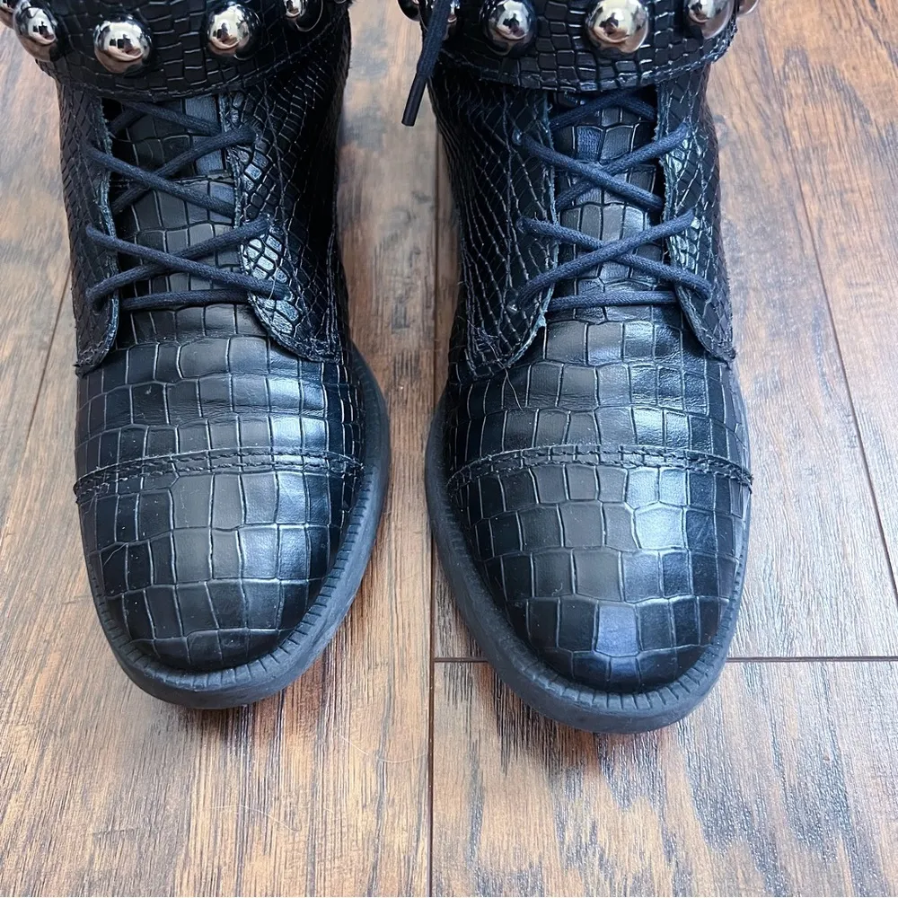 SCHUTZ • Marieta Studded Bootie ankle boot black croc embossed lace up combat - Image 5